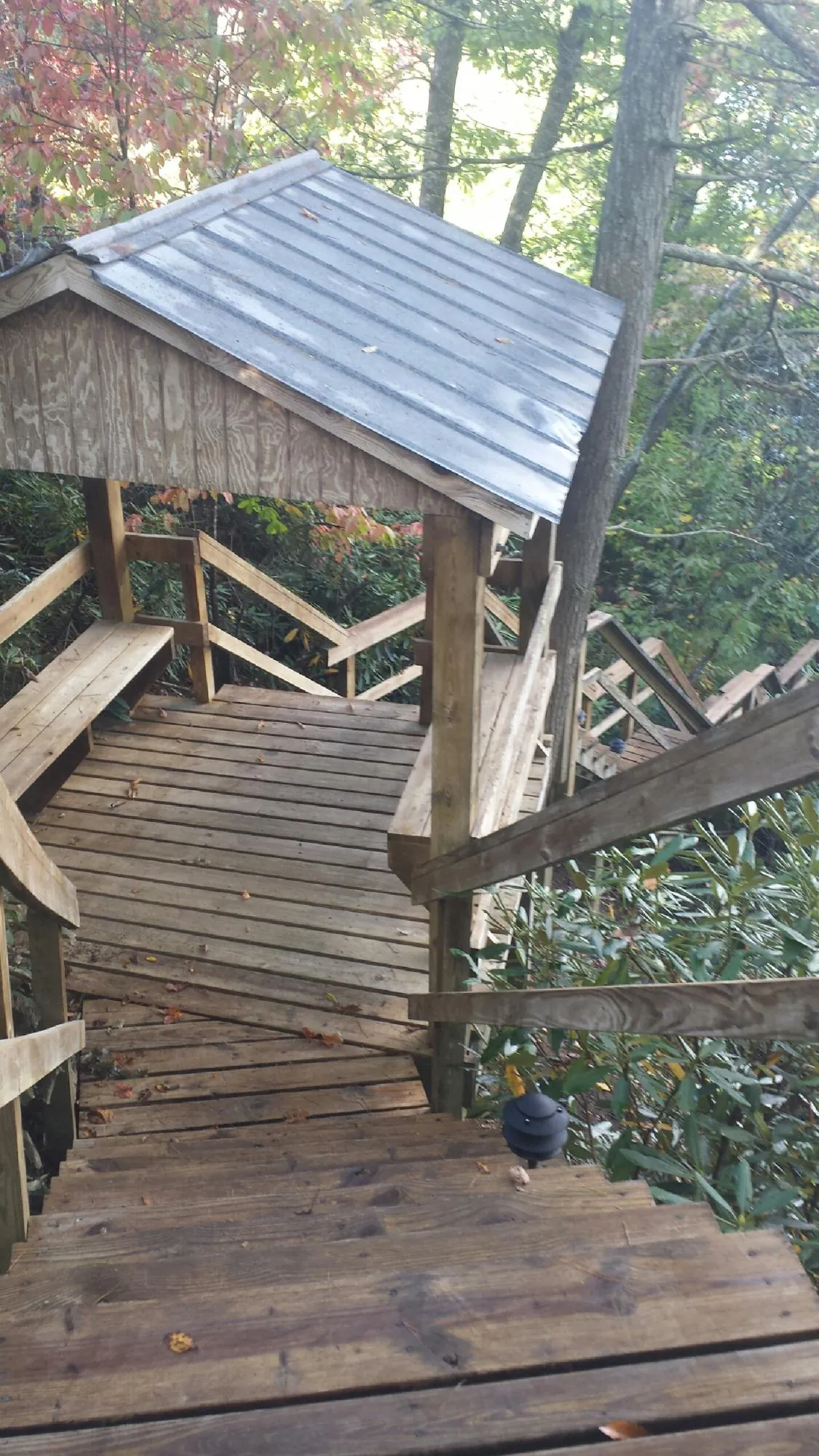 Metal roofed shelter over wooden steps on a wooded walkway — Skylight Repair & Installation work by our crew in Burgin